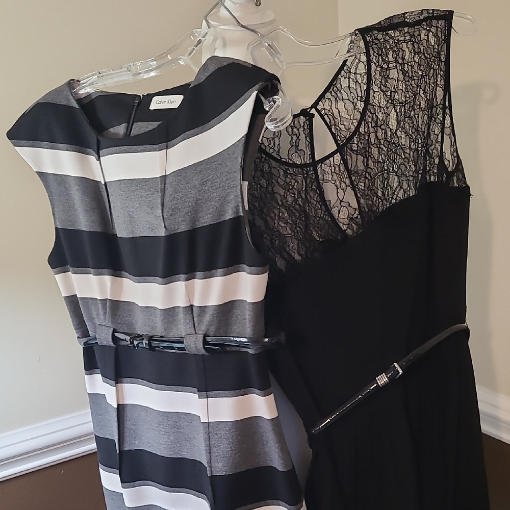 Calvin Klein Black and Gray Striped Midi Dress